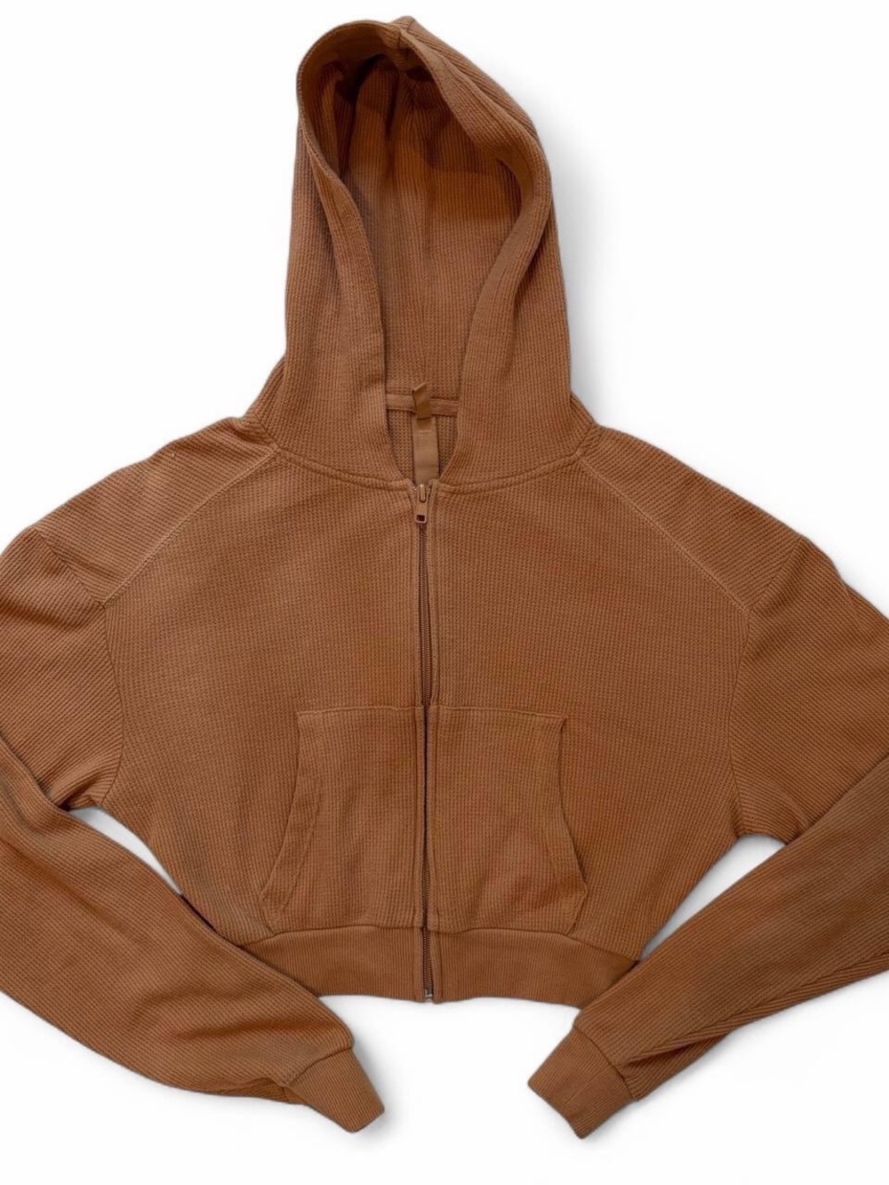 SKIMS Cropped Waffle-Knit Zip Hoodie in Caramel Brown